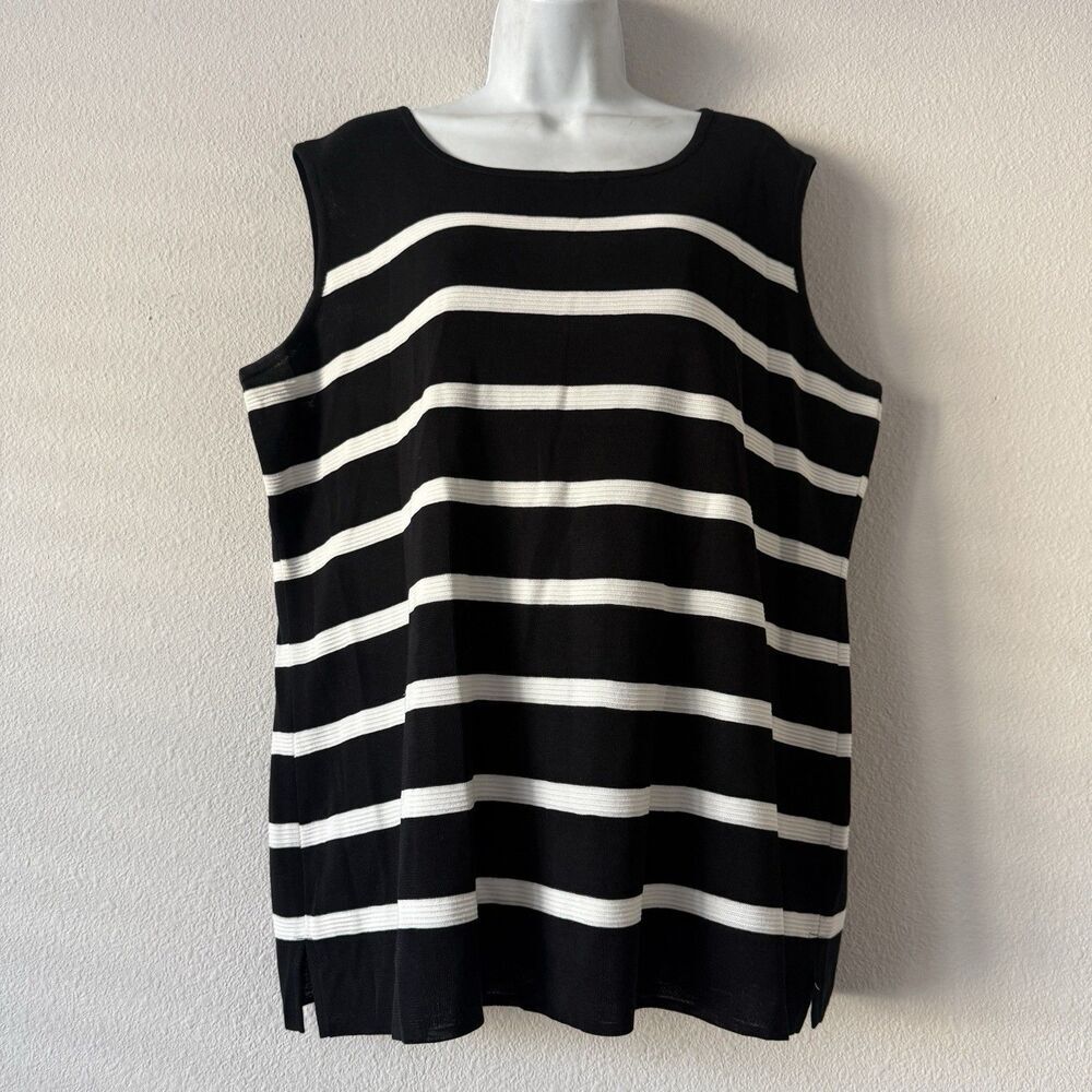 Misook Tunic Tank Top Womens XL Black Ivory Striped Sleeveless Side Slits